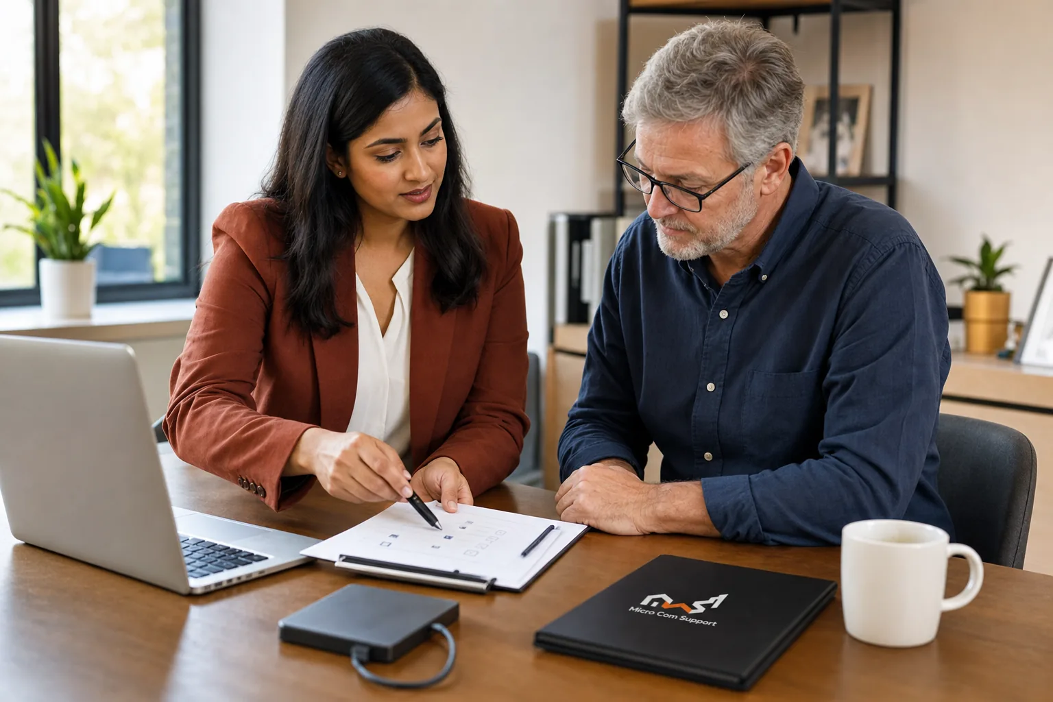 Support specialist reviewing a backup plan with a small-business customer