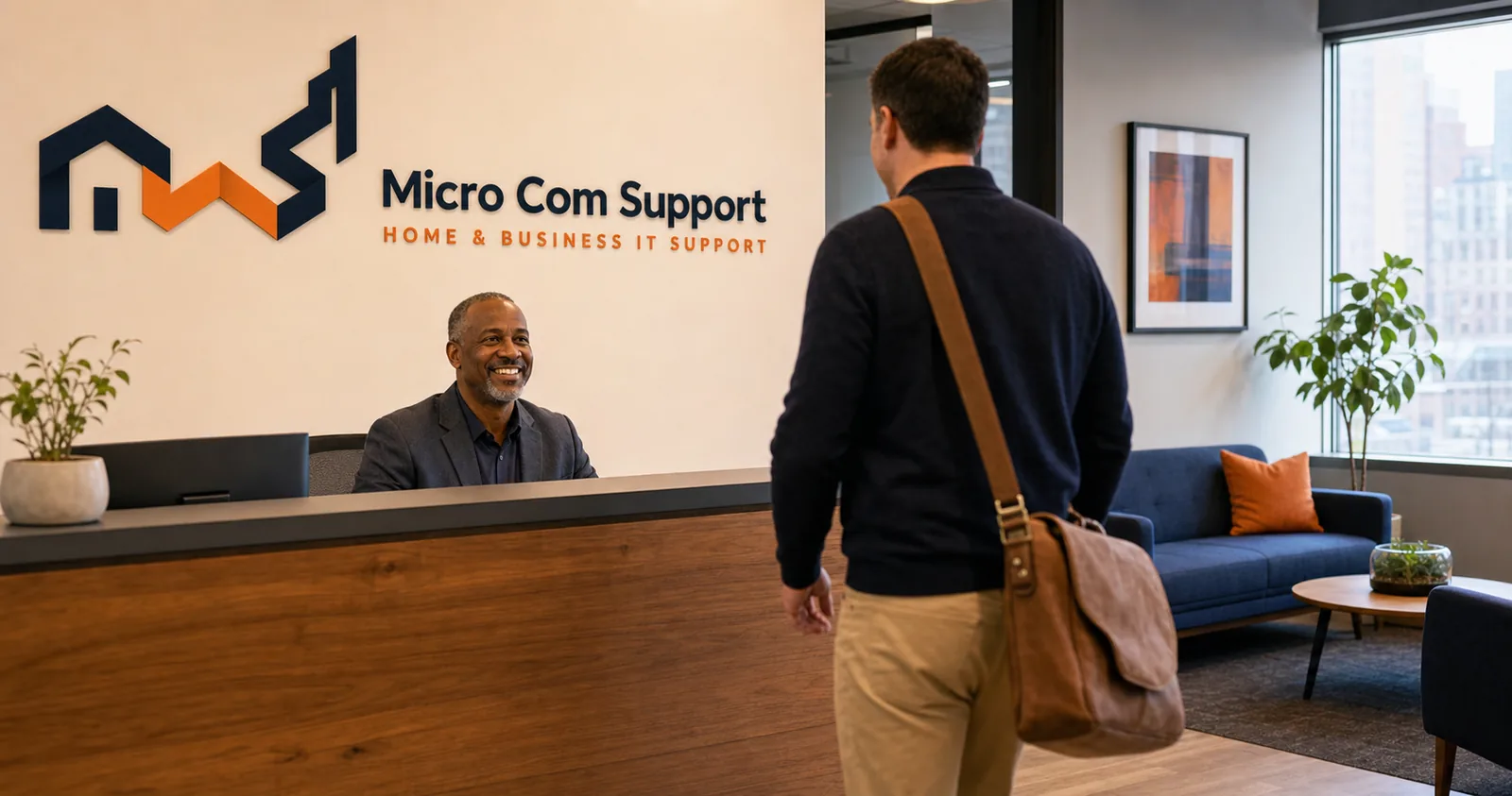 Welcoming professional reception area for a technology-support office