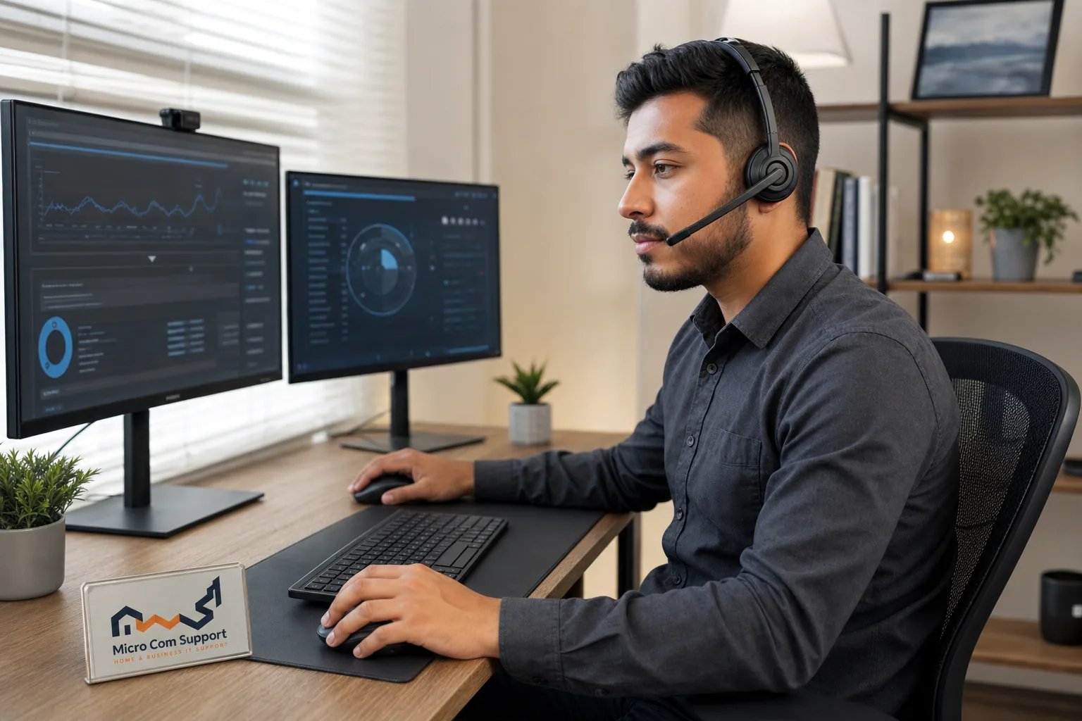 Technical-support specialist reviewing computer diagnostics at a home-office workstation