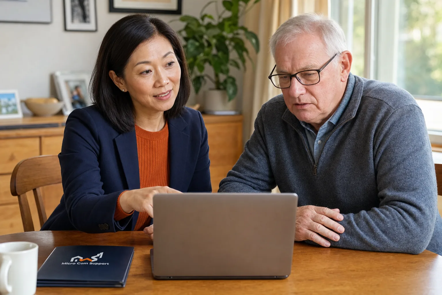 Support specialist helping a senior customer