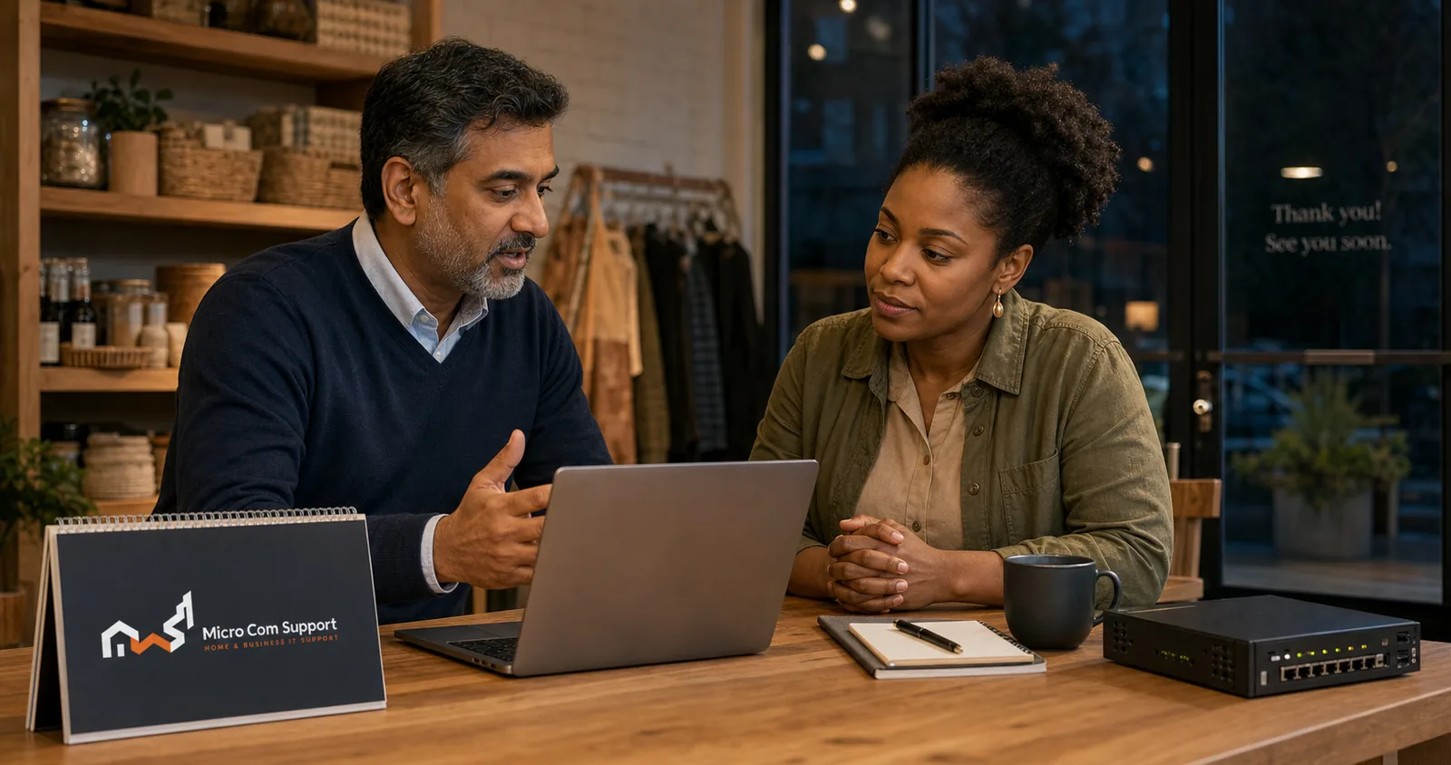 IT consultant and small-business owner reviewing practical technology needs