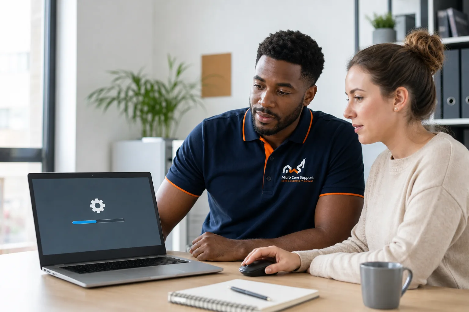 Support employee checking an application installation at a customer workstation