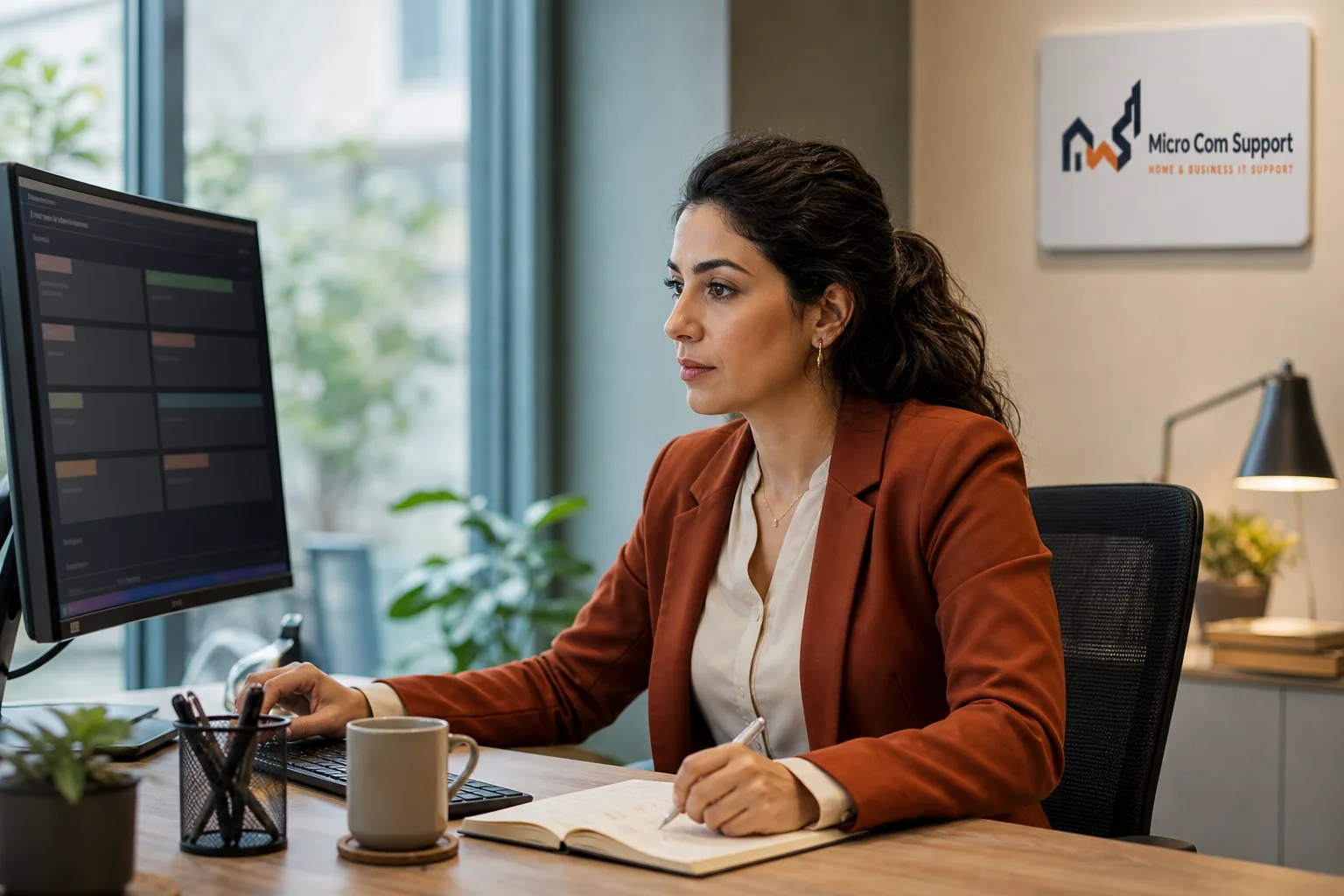 Technical-support employee reviewing a customer request before making contact